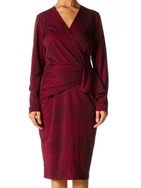 Anthropologie Dresses & Skirts - Anthropologie Cranberry Red Animal Print Faux Wrap Draped Midi Cocktail Dress